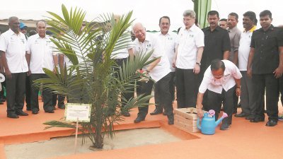纳吉（右7）为大马棕油业100周年纪念活动种下一棵新的油棕树；右5起为马袖强及种植及原产业部副部长拿督纳斯伦曼梳。（摄影：伍信隆）
