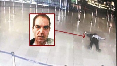 闭路电视画面显示，巴黎奥利机场周六发生男子抢士兵枪械后，一名男子躺在客运大楼内。（小图为造案者贝勒卡赛姆）。 