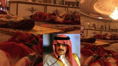有传媒取得一张照片，被软禁在丽思卡尔顿酒店宴会厅的王子们和高官们，只获分派毛毯和薄床垫席地而睡。小图为其中一名被捕、有“中东股神”之称的阿尔瓦利德亲王。