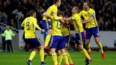 瑞典成为第29支报到2018年俄罗斯世界杯的球队后，球员们狂欢庆祝。