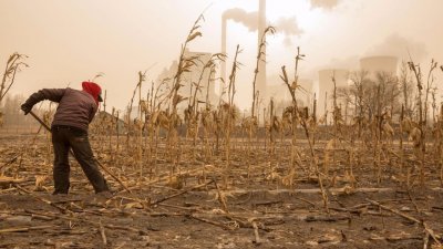 最新公布的研究报告显示，碳排放在2017年将达到410亿吨，比过去3年多了2%，而主因是中国经济反弹推高全球碳排放。图为在中国山西省，一名农民在发电厂附近的农地务农。
