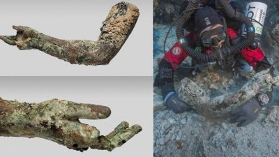 考古团队从安提基特拉沉船附近发现的铜断臂。