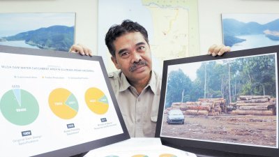 杰瑟尼展示图表与照片，质疑乌鲁慕达伐木活动，或已导致慕达水坝的集水区面积减少了87.3%。（摄影：蔡开国）