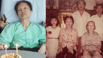 左图：77岁王兴凤罹患末期大肠癌，想与失散10多年的儿子见上最后一面。右图：王兴凤（前排左二）年轻时与女儿王裕恩（前排左一）和次子王裕传（后排左）的家庭合照。