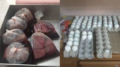 新加坡农粮局从组屋单位内搜出15.6公斤的猪血制品（左图）和857颗鸭胎蛋（右图）。（图由新加坡农粮局提供）