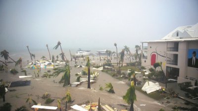 “艾尔玛”重创加勒比海圣马丁岛北部法属部分，沿海地区马里戈的一个酒店，四周被水淹，种植在当地的椰树也难敌强风吹袭，仅剩树干。