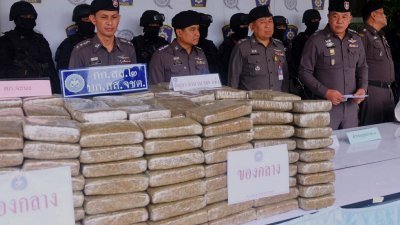 泰国警方召开记者会，向媒体展示由警方缉获的大批大麻。