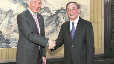 中共中央政治局常委、中央纪委书记王岐山（右）周三在北京会见新加坡总理李显龙。