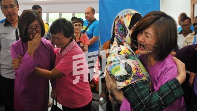 原任万挠州议员颜贝倪今日泪洒记者会，并与在场支持者拥抱。（摄影：邱继贤）