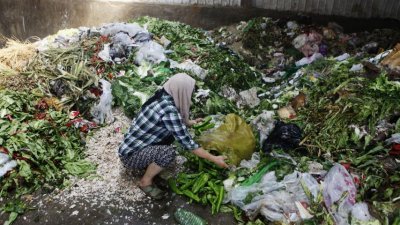 根据中国科学院地理科学与资源研究所的成升魁团队，历时6年研究后，发现中国城市餐饮业食物浪费现象比较严重。这是一名妇女在陕西省西安市的垃圾堆，捡起食物供应商丢弃的蔬菜。