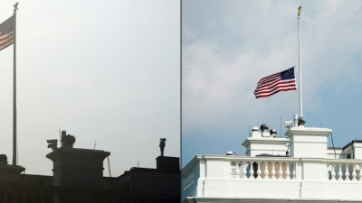 白宫屋顶上的国旗在周一早被发现升回杆头（左），在舆论压力下，总统特朗普当天下午下令再下半旗。