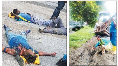 3名国能承包商的员工被烧伤后，躺在地上等待救援（左图）。国能承包商的员工指出，挖土机是在挖掘泥土时不慎挖及电缆，而引发电缆爆炸。