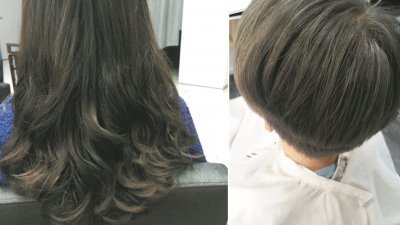 左图为韩风吹起，今年市场流行看起来自然又好打理的发型。右图为短发也颇受市场青睐，顾客也偏爱带有灰色系的颜色。