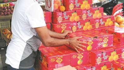 年柑售价因中国当地收成不佳， 比往年增长30%，消费人被迫吃贵柑！图为水果店员工正在整理店内的芦柑。