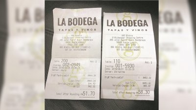 网民上传在著名西班牙餐厅La Bodega用餐，零消费税后的收费竟比征收6%消费税的价格来得贵。贸消部已就此展开调查，并要该餐厅5天内做出解释。