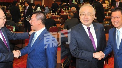 魏家祥（左）与倪可敏在国会碰面时，互相握手问好。（摄影：邱继贤）