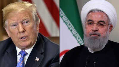 国总统特朗普突然改变态度，称愿意在没有预设条件下与伊朗总统鲁哈尼（右）对话，德黑兰则表示除非美国重返伊朗核协议。