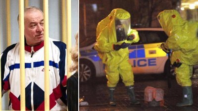 俄罗斯双面间谍斯克里帕尔被发现倒在英国一处购物中心外，不省人事。右图为穿著防生化衣的紧急应变人员，漏夜冲洗事发街道及公共区域。
