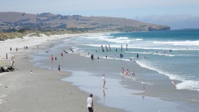 今年1月是纽西兰有史以来最热的一个月，平均气温20.3度。这是当地人今年1月在达尼丁圣克莱尔沙滩戏水消暑。