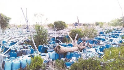 笨珍巴力西贡甘榜巴英丹棕油园出现丢弃化学原料。