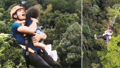 本地艺人带著两岁女儿挑战高空弹跳，还声称女儿自愿这么做，遭网民挞伐。
