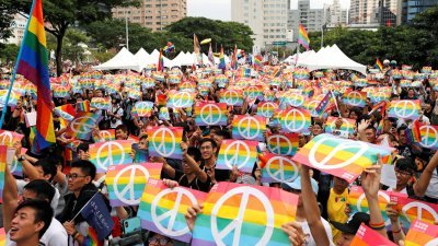 台湾周六举行地方选举与公投，在备受关注的同性恋议题上，“婚姻平权”及“性平教育”议案均不通过。大批支持同性婚姻的民众周日在高雄游行，只见现场支持者皆举著彩虹旗帜与标志。