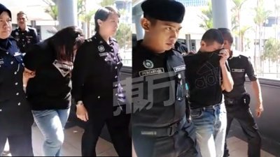 华裔女被告（右图）步出法庭时频低头遮脸。男被告（左图）被带出法庭时，试图用衣服遮脸。