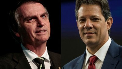 有“巴西特朗普”之称的极右候选人博尔索纳罗（左）相信能在次轮总统大选投票中，击败代表工人党的阿达。