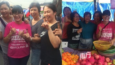 选民秀出染墨手指，与王诗棋（左2）一起合照，祝贺她凯旋归来。