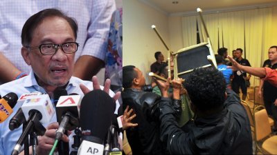（左图）在槟城北海，公正党党员因不满槟州党选没有宣布无效，两派人马在记者会现场拿起椅子乱丢，场面混乱。