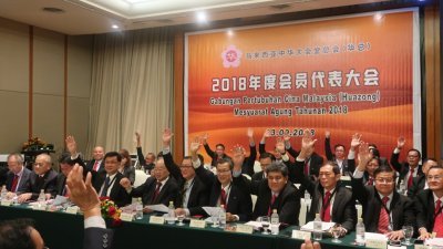 华总于周日召开代表大会，94名会员团体代表出席，提呈并通过28项议案。左4起为方天兴及 林玉唐。