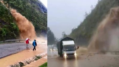 新邦波赖通往金马仑高原42公里处周三下午爆发小山洪，大量黄泥水从山坡倾泻，相当骇人。