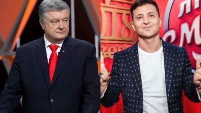 出口民调显示，乌克兰喜剧演员泽连斯基（右）将在总统大选首轮投票出线，与巧克力大亨出身的现任总统波罗申科在下月的决选一较高下。