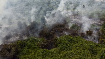砂拉越林火导致砂拉越美里与瓜拉峇南空污指数处于非常危险水平。图为在雅沙再也发生林火冒出浓浓烟雾。
