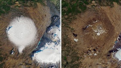 美国太空总署（NASA）提供卫星画面，显示Okjokull冰川在1986年9月日7（左图）和2019年8月1日（右图）的差异。