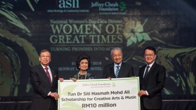 谢富年基金会推介敦西蒂哈斯玛创意艺术和音乐奖学金，并提供了1000万令吉奖学金，左起为双威集团副执行主席丹斯里拉兹曼、西蒂哈斯玛、马哈迪及谢富年。