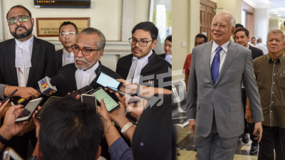 沙菲宜在吉隆坡法庭外接受媒体的围访。纳吉（右图）身穿灰色西装搭配紫色 领带，步入吉隆坡法庭大厦 时，露出一丝轻松的表情。 （摄影：黄良儒）