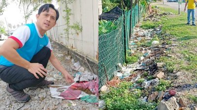 丢弃路旁的塑料袋、横幅 等被发现有积水，吴俊益 对此大皱眉头。