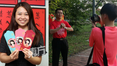 廖彩彤（右图）展示本身首次推出Q版肖像红包封。 （摄影：刘维杰）陈泓宾（左）走访选区向民众拜早年时，由助理协助拍摄新年祝福短片。 （受访者提供）