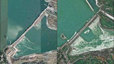 中国三峡大坝近来传出坝体变形扭曲（左图），中国航天科技集团在微博发文指称三峡大坝没有任何问题，并发放高质量的“高分六号”卫星照片（右图），显示三峡大坝坝体一切正常。