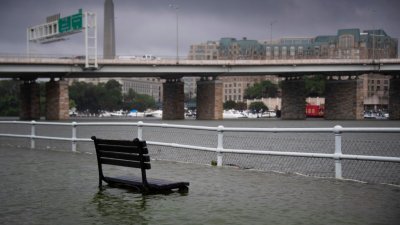 位于华盛顿特区的东波托马克公园遭暴雨后的洪水侵袭，公园的长椅浸泡在水中。