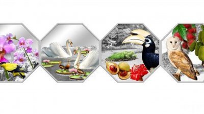 新加坡总统府第二系列纪念章四款设计，设计反映丰富生态环境。