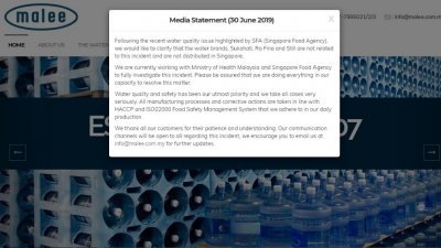 Malee Mineral Water公司在网站上发表声明，澄清旗下的瓶装水品牌“Sukahati”、“Ro Fina”以及“Still”并没有在新加坡进行分销。