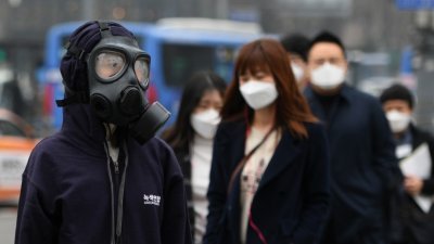 韩国一名环保活动人士周三戴上防毒面具，在首尔市中心示威，要求政府解决严重的雾霾问题。