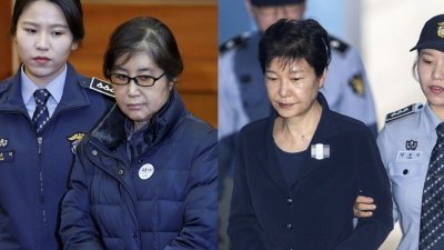世越号事件引起韩国社会的反政府情绪，及后揭发时任总统朴槿惠（右）容许亲信崔顺实（左）干政，两人被控多项罪名，前者被判囚33年，后者则判囚20年。