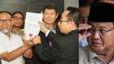 大印尼运动党主席普拉博沃，在4月17日的选举中败给寻求连任的佐科。左图为普拉博沃的兄弟哈辛（右2）和律师团周五晚到宪法法院，递交上诉文件，挑战投票结果。