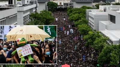 大批学生和市民在周一挤爆香港中文大学的百万大道，部分参与者用自己的方法表达抗争诉求（小图）。
