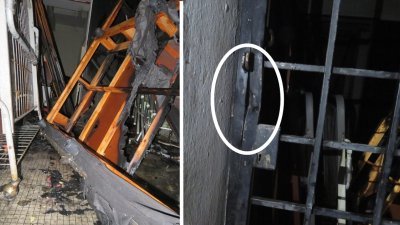 酒店储藏室留有不明物体，消拯人员初步怀疑是遭人蓄意纵火，而储藏室铁门有被撬坏的痕迹（右图）。

