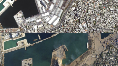 黎巴嫩爆炸前后卫星对比照。