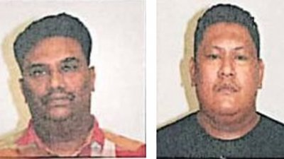 柔州警方通缉两名涉嫌协助“欧东党”人蛇集团而被控，却在提控当天缺庭的巡伍长。左为苏古玛，右为赫曼慕哈兰姆。